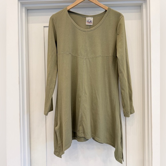 Noelle Linen Blend Tunic Knit Top Womens Size S/M Green Asymmetrical Lagen Look - Picture 2 of 9